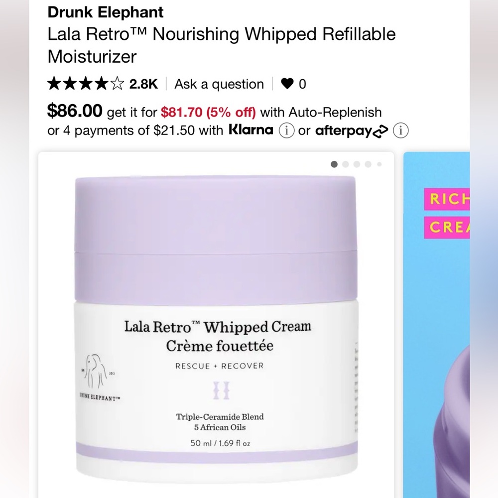 Brand new Drunk Elephant Lala Retro Whipped Cream Moisturizer